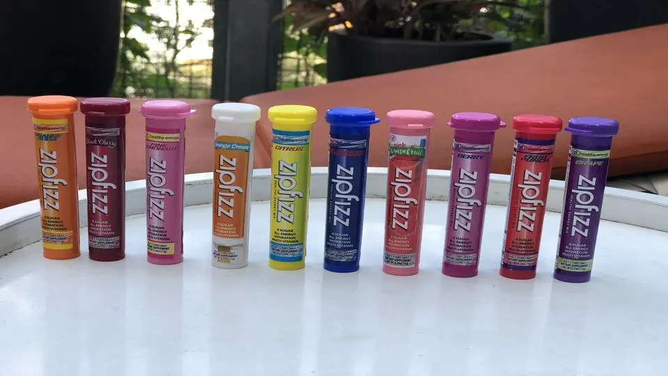 10 of the 11 Zipfizz energy drinks flavors.