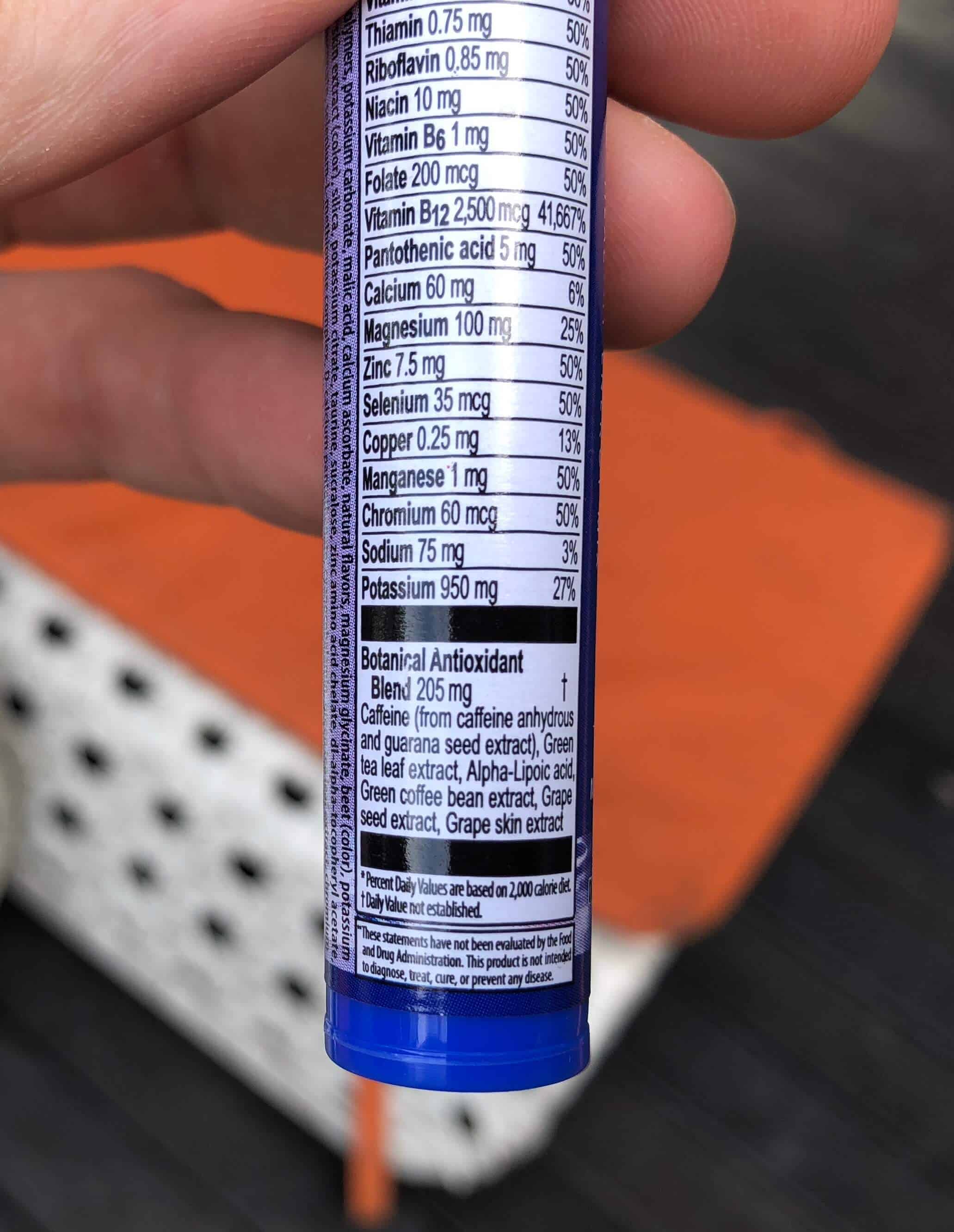 The ingredients label on the back of a Zipfizz tube.
