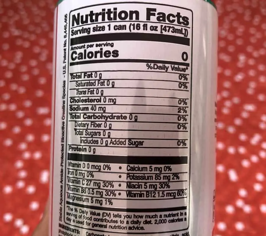 The Nutrition Information as printed on the back of a can of Bang