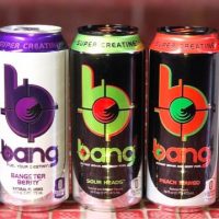 A variety of different flavors of Bang Energy Drink cans
