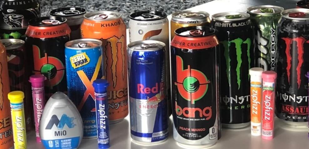 A lot of different brands of energy drinks