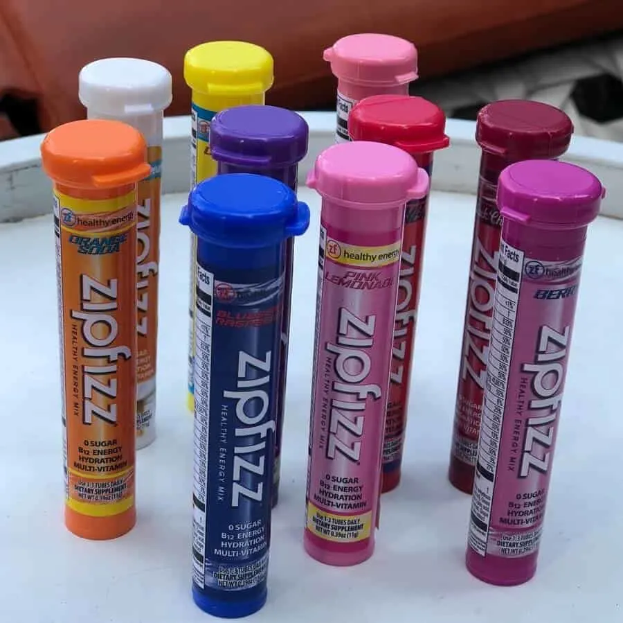 Ten tubes of different Zipfizz flavours arranged together 