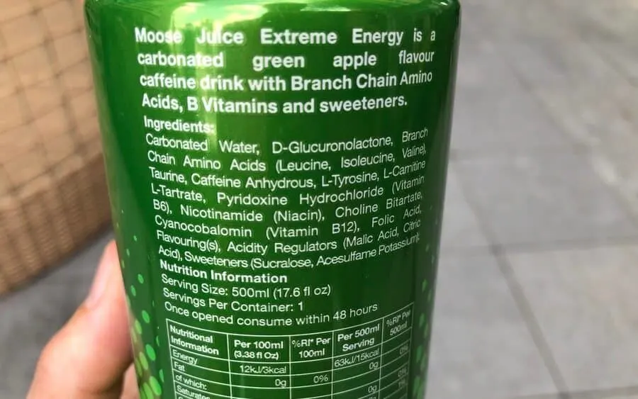 Back label of Moose Juice energy drink