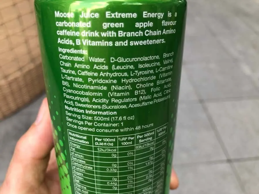 ingredients and nutritional information on the back of Moose Juice can