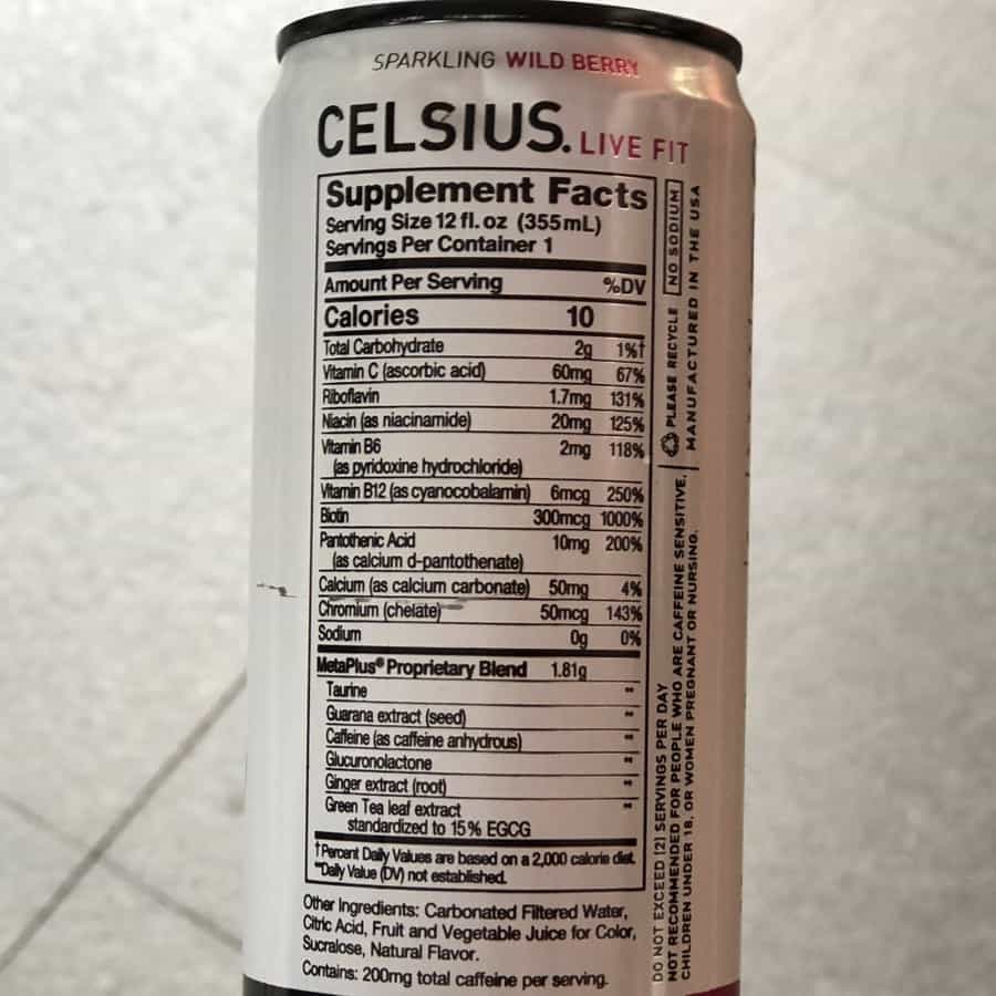 Nutrition label of a Celsius Energy Drink Can.