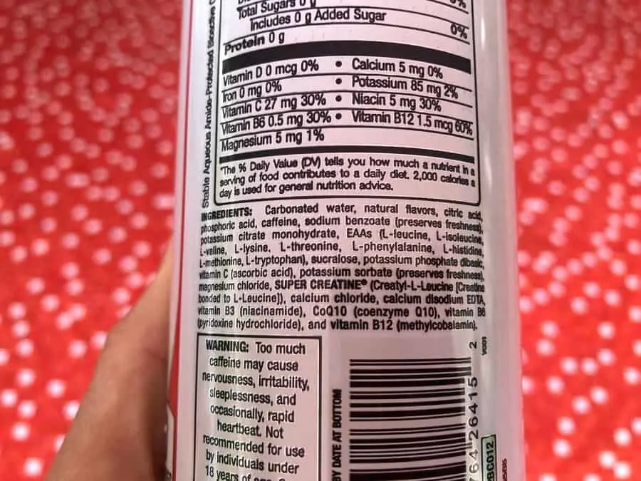 Bang energy drink ingredients list on the back of a can of Miami Cola flavor.