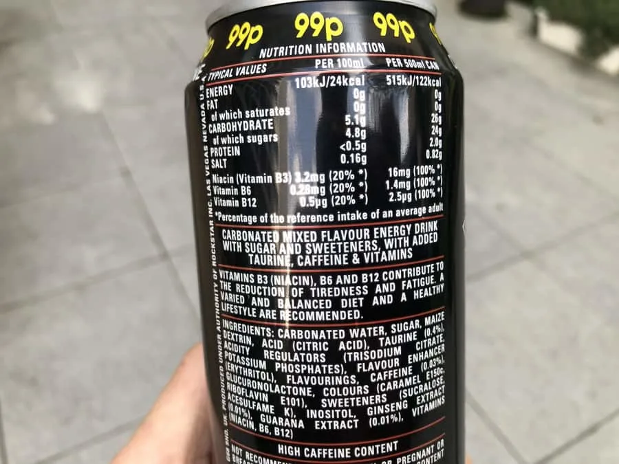 Back of a rockstar can showing the nutrition panel