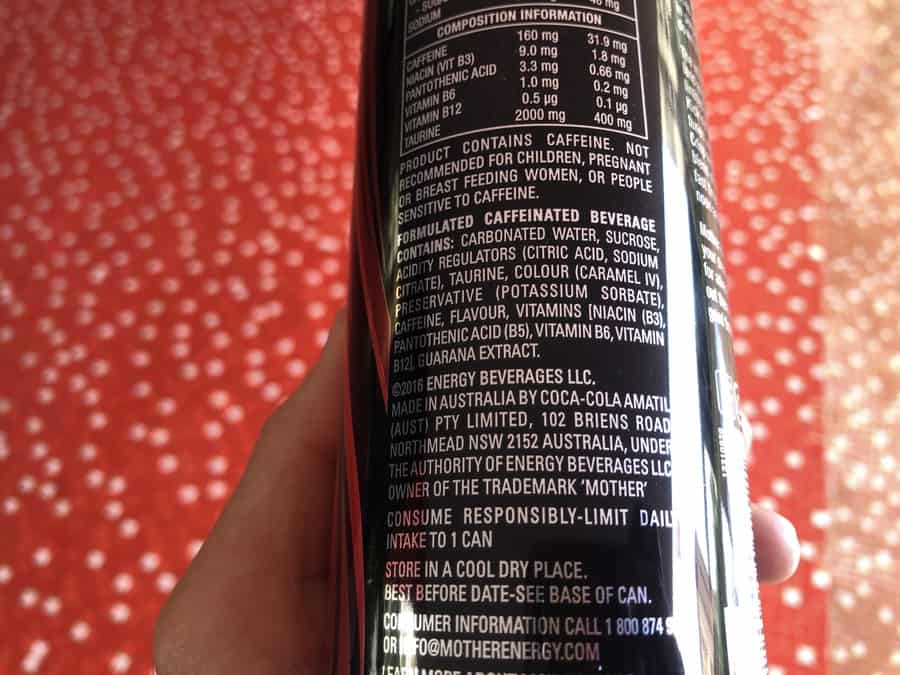 Back of a can of original mother energy drink. 