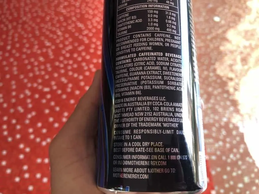 The back of a can of sugar-free mother energy drink. 