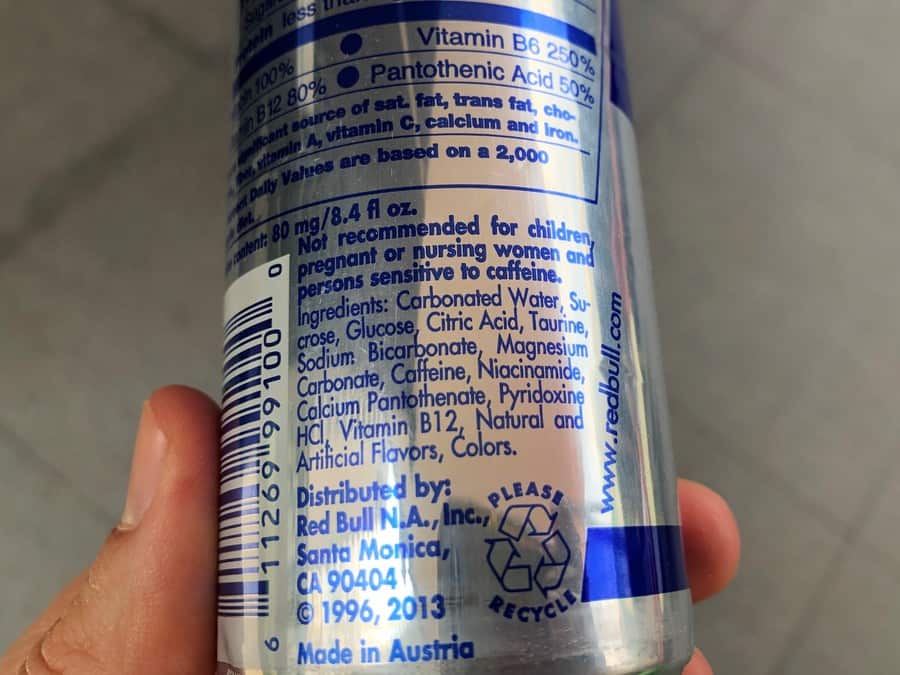 Ingredients on back of Red Bull Can.