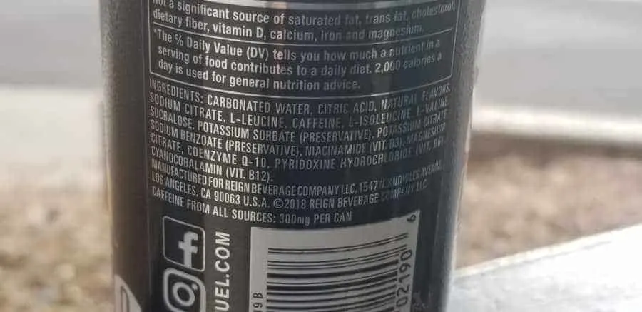 Reign Energy ingredients list on the back of a can.