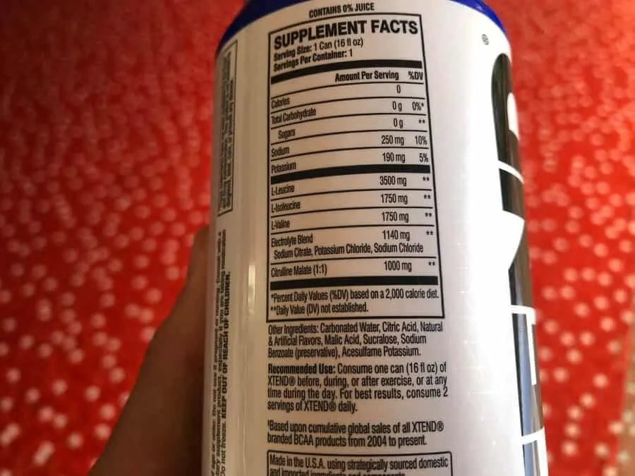 Xtend Energy Drink supplement facts on back of can