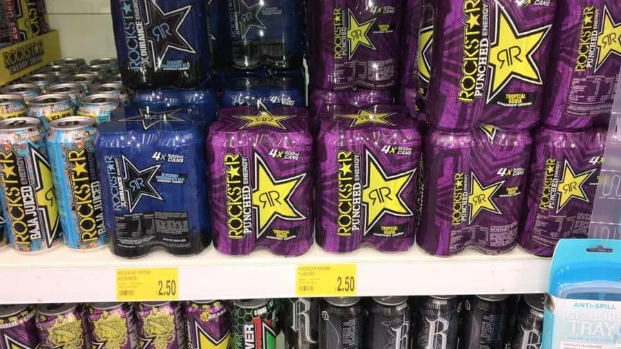 A shelf of rockstar energy drinks