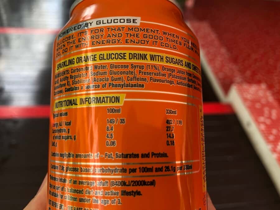 Nutritional information and ingredients on the back of a can of Lucozade energy drink