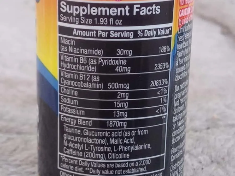 The supplement facts of 5 Hour Energy Shot.