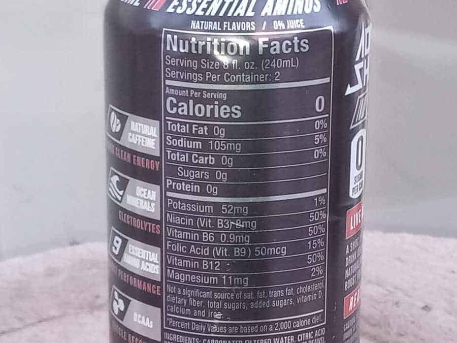 Nutrition facts on the back of Adrenaline Shoc energy drink
