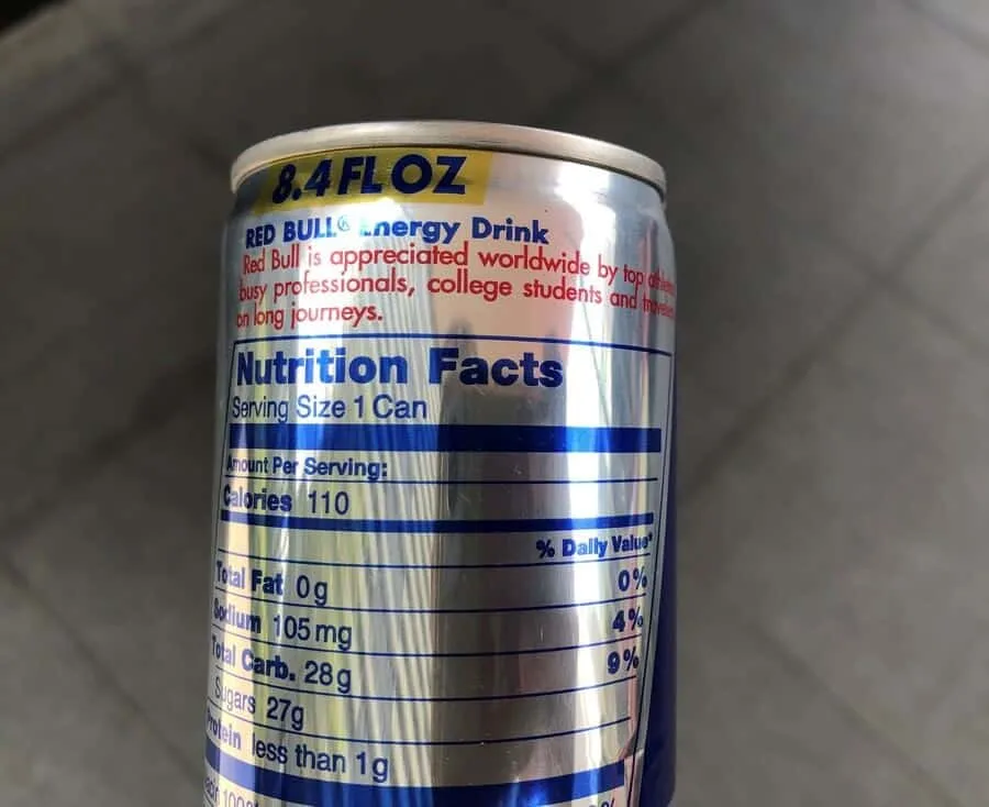 Nutrition facts on the back of a Red Bull energy drink can.