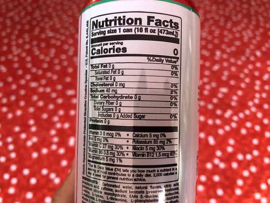 Nutrition facts on the back of a Bang energy drink can.