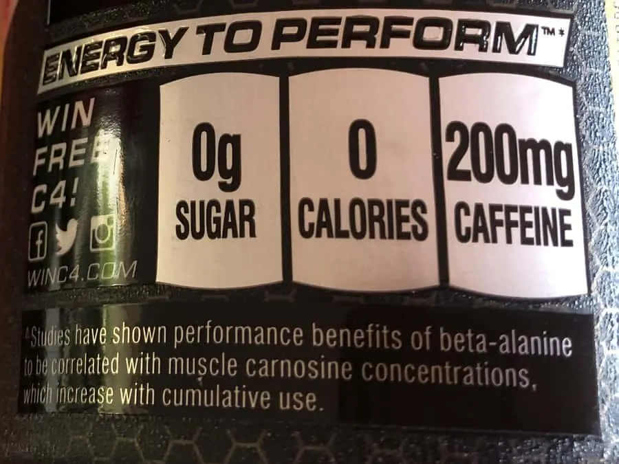 C4 Energy Drink caffeine label.