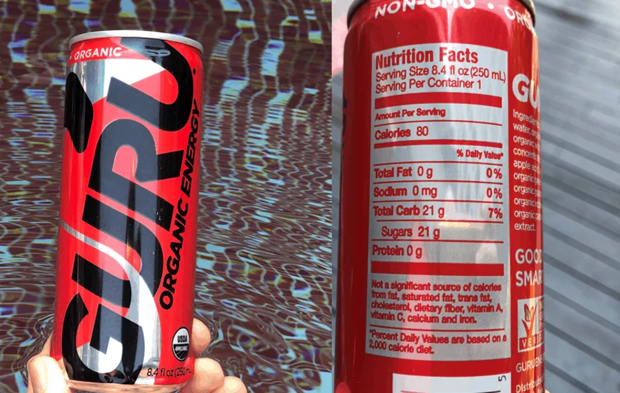 Front and back of a Guru energy drink can