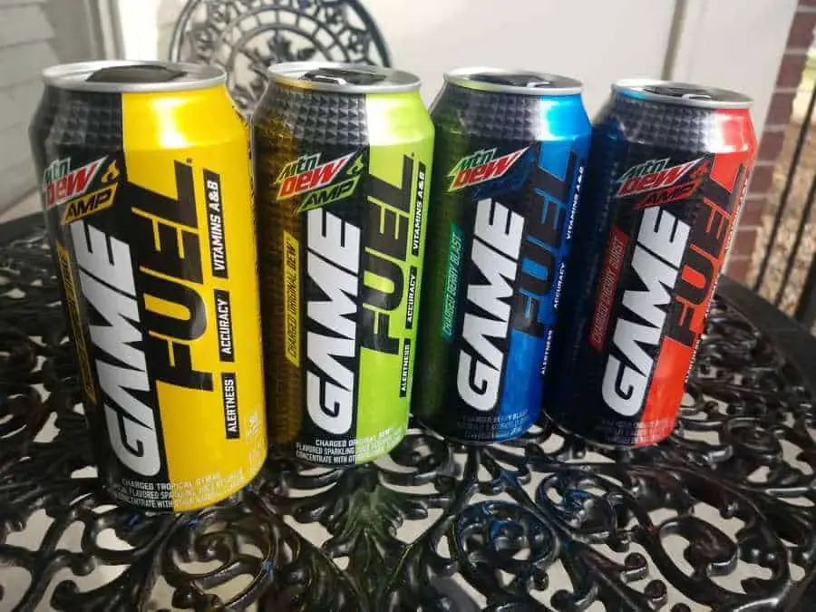 four cans of Mountain Dew Amp Game Fuel