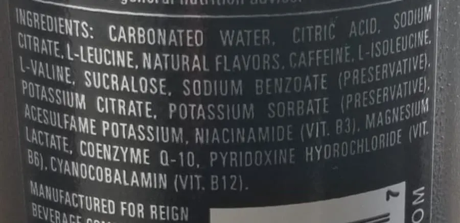 Ingredients list of Reign can.