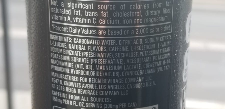 Back of Reign can, ingredients list.