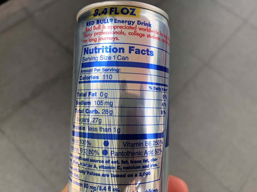 Nutrition info of a Red Bull can.