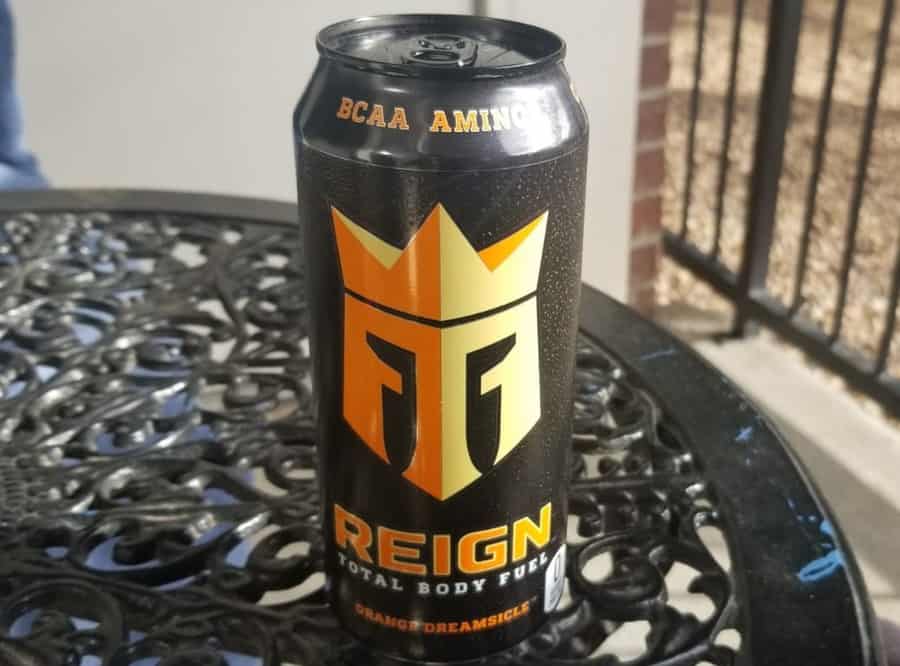 Reign energy drink on a table