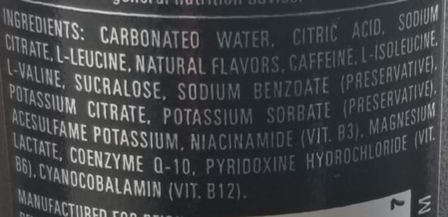 A close up of the ingredients list of Reign. 