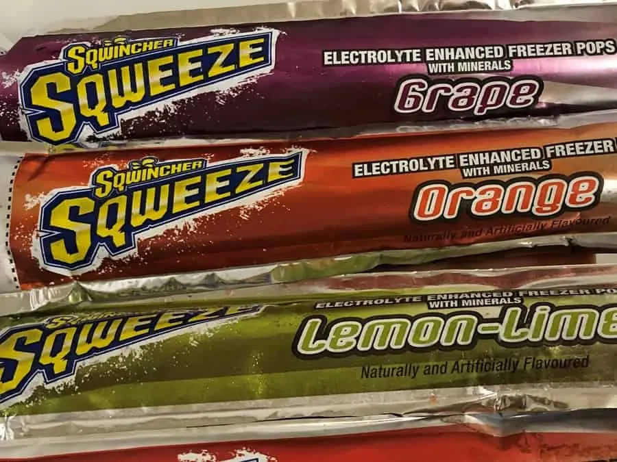 Close up of some Sqwincher Sqweeze Flavors