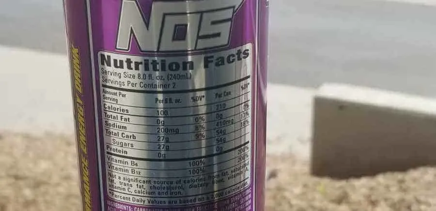 The back of NOS energy drink with the nutrition facts. 