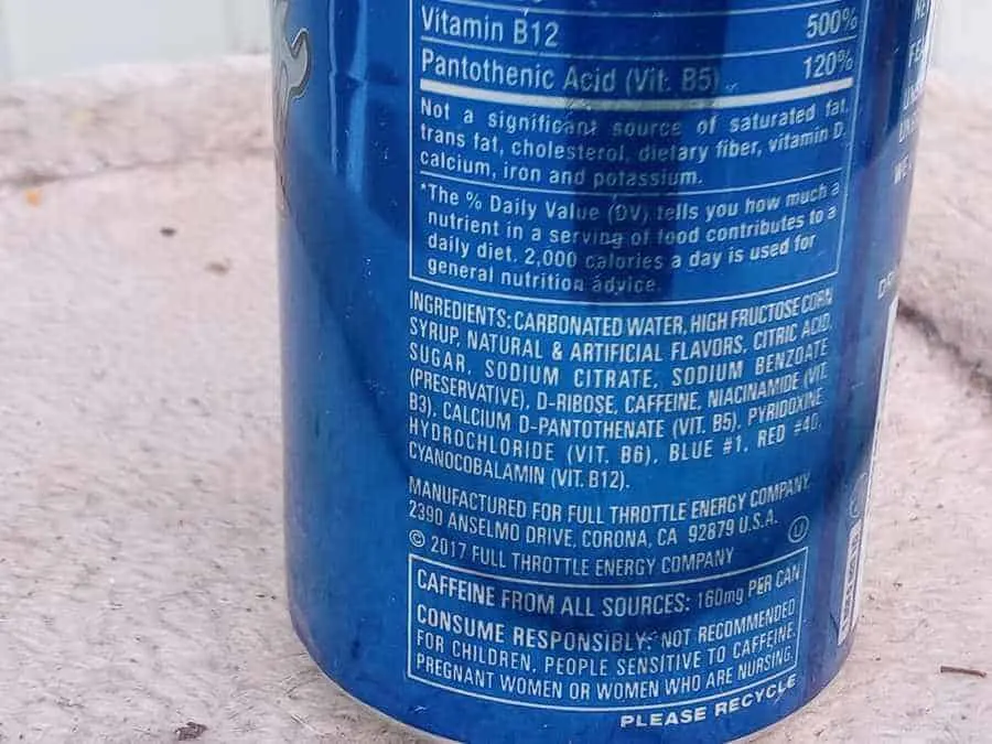 Ingredients list on the back of the can of Full Throttle