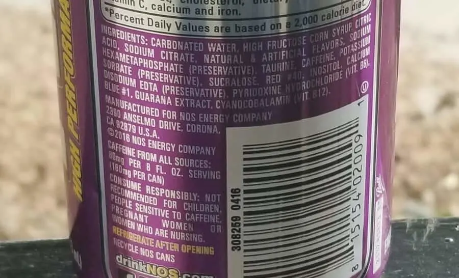 List of ingredients on the label of NOS GT Grape