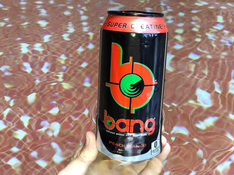 A can of Bang energy drink, peach mango flavour.