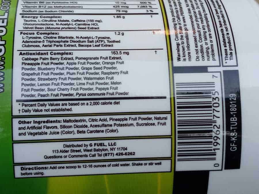 Ingredients listed on the tub of G Fuel Powder