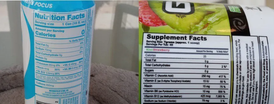 Side by side comparison of nutrition facts of g fuel can and g fuel powder