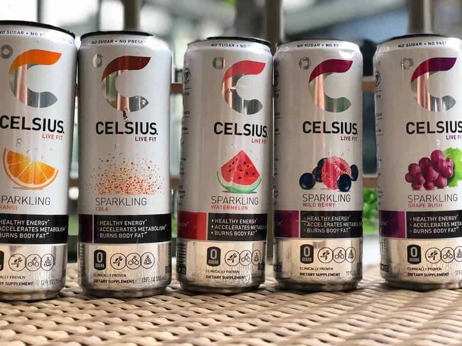 Row of different flavors of Celsius energy drink
