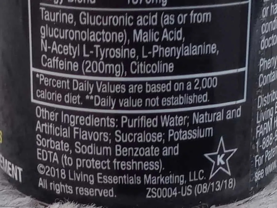 A closeup on the ingredients in 5 Hour Energy. 