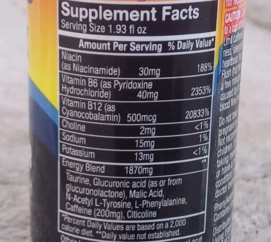 The back of 5 Hour Energy showing the supplement facts. 
