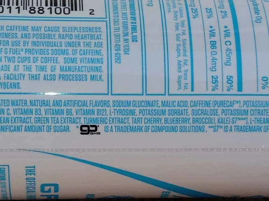 Ingredients in G Fuel Can listed on the back of the can.