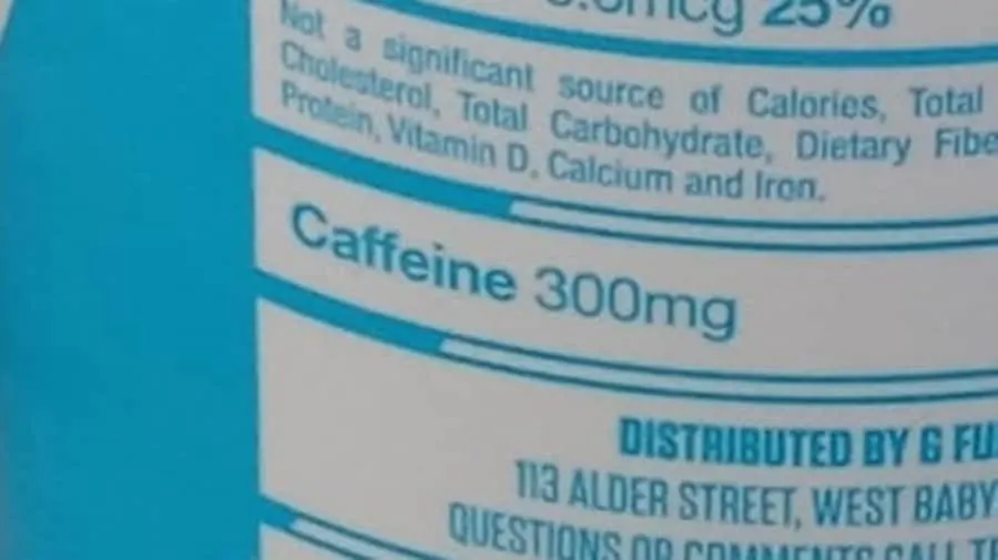 A close look at the back of a  G Fuel can which displays its caffeine content of 300mg. 