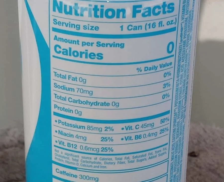 The nutrition facts at the back of a G Fuel can. 