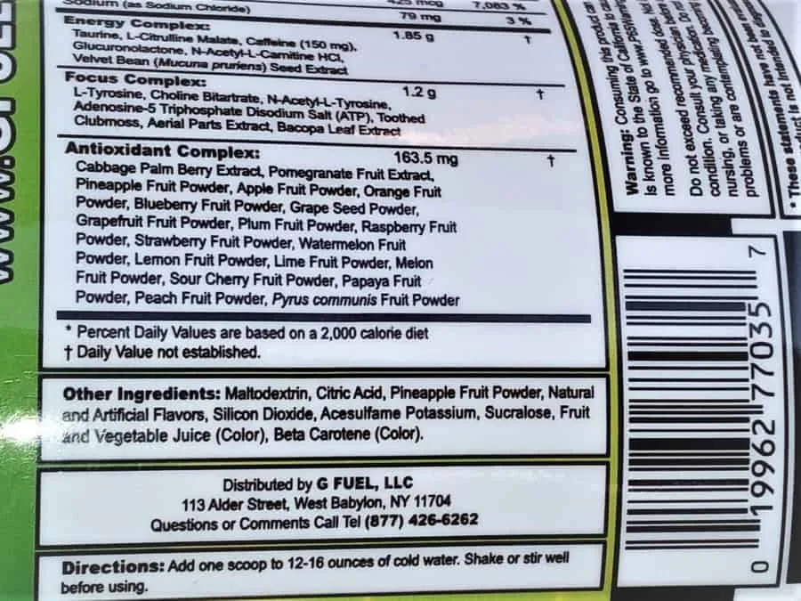The ingredients list at the back of the G Fuel tub. 