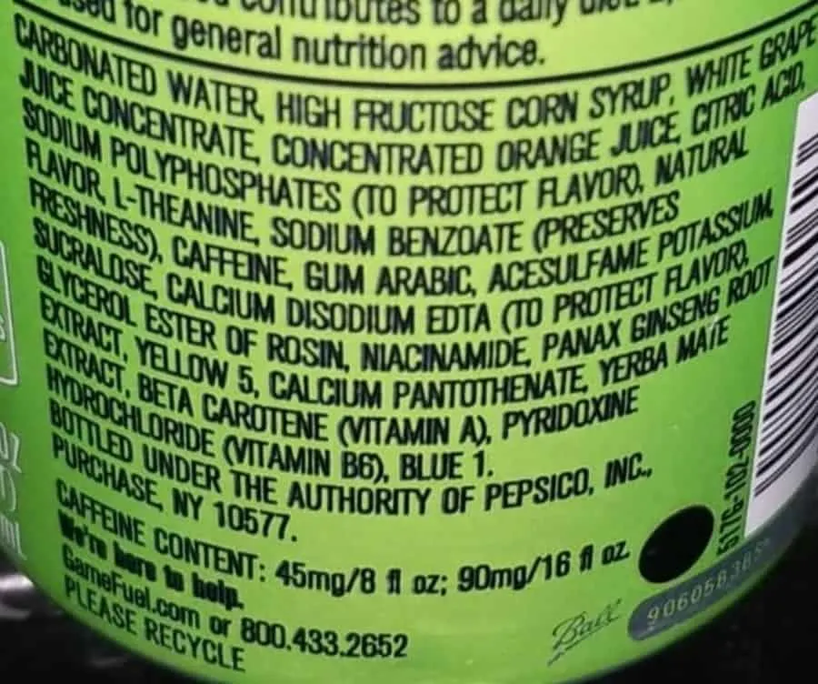 The back of a Game Fuel, showing its ingredients list. 