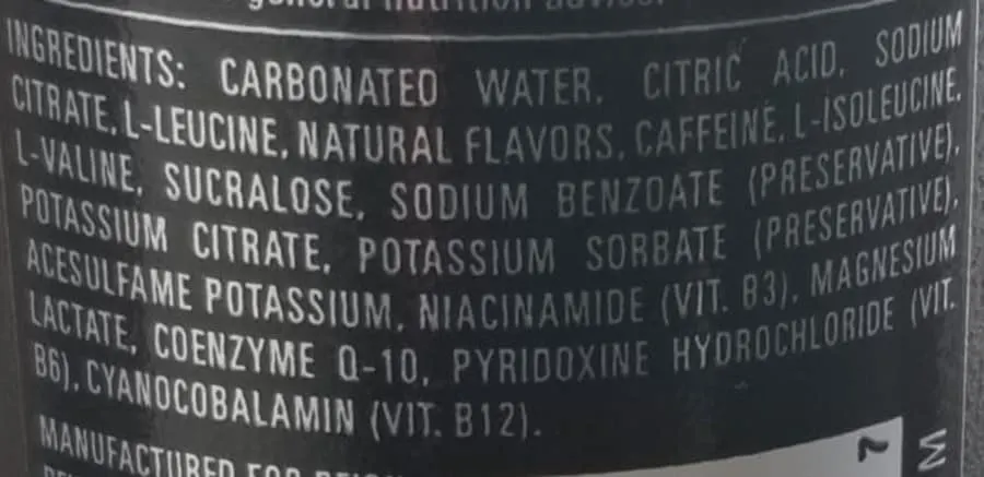 The back of a can of Reign listing its ingredients. 