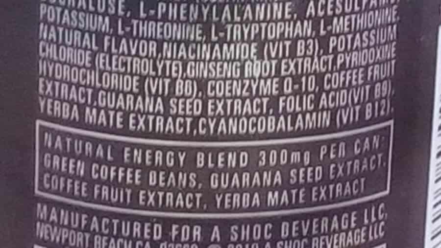 Ingredients of the back of adrenaline shoc energy drink