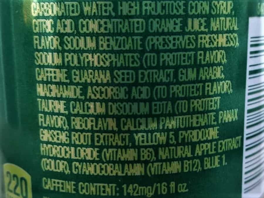 The list of ingredients at the back of a can of AMP Energy Drink. 