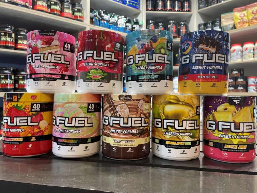 Variety of G Fuel Flavors on a table.