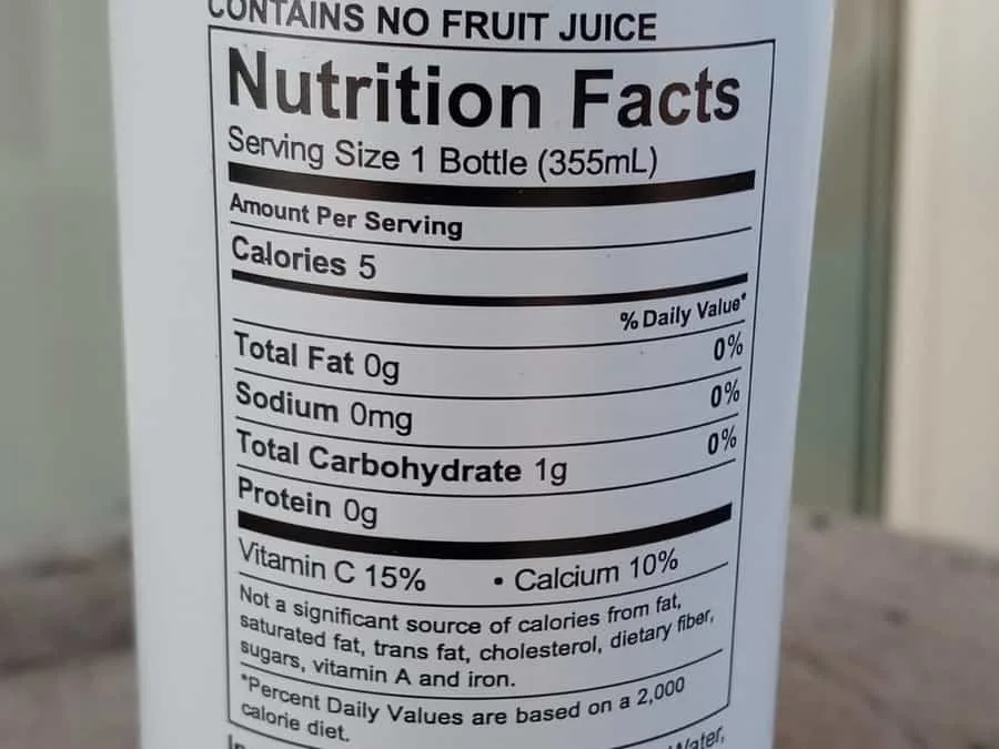 Th nutrition facts on a bottle of Uptime energy drink. 